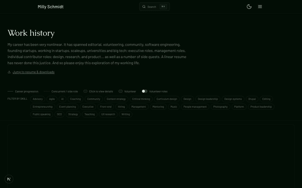 Screenshot of Work history timeline